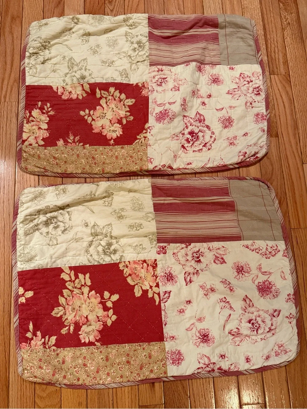 Floral Patchwork Quilted Pillow Shams Set of 2- Cream & Red cottage shabby chic
